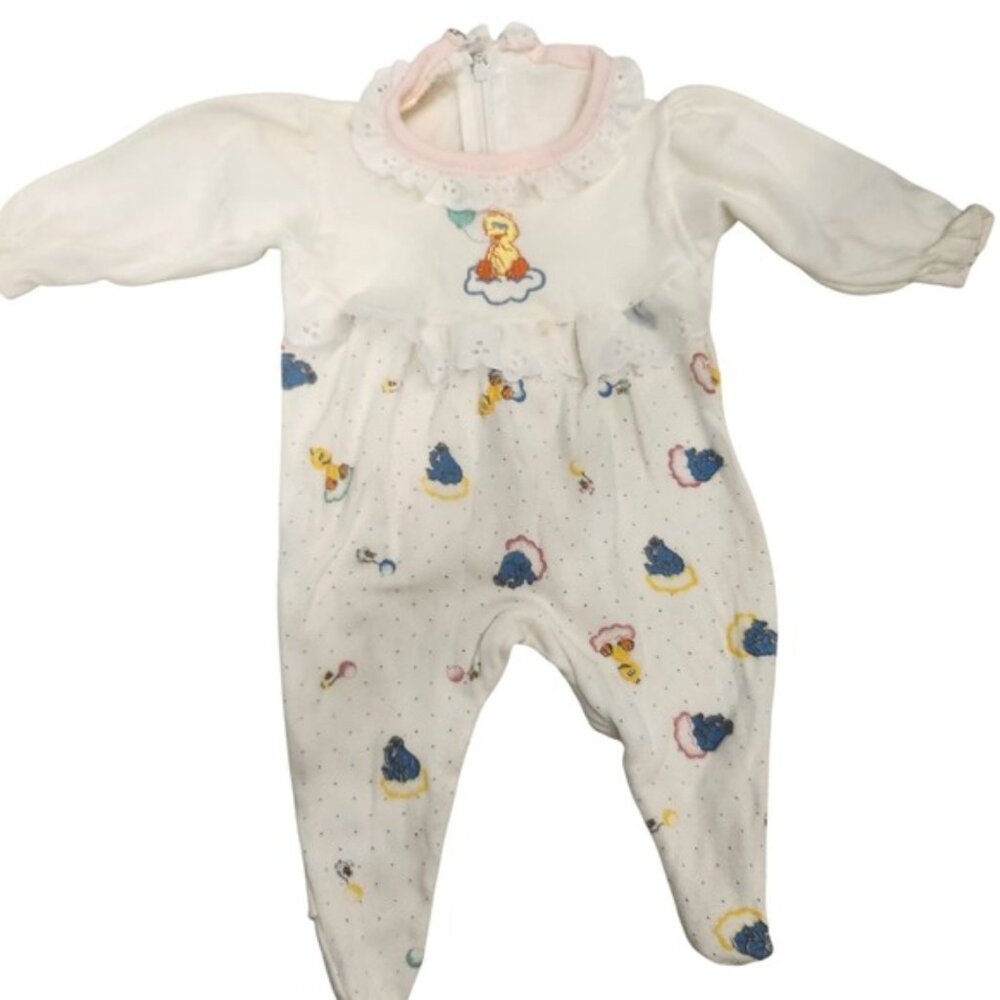 80s newborn Vintage Baby Footed Sleeper Small Big Bird Romper White snugabye